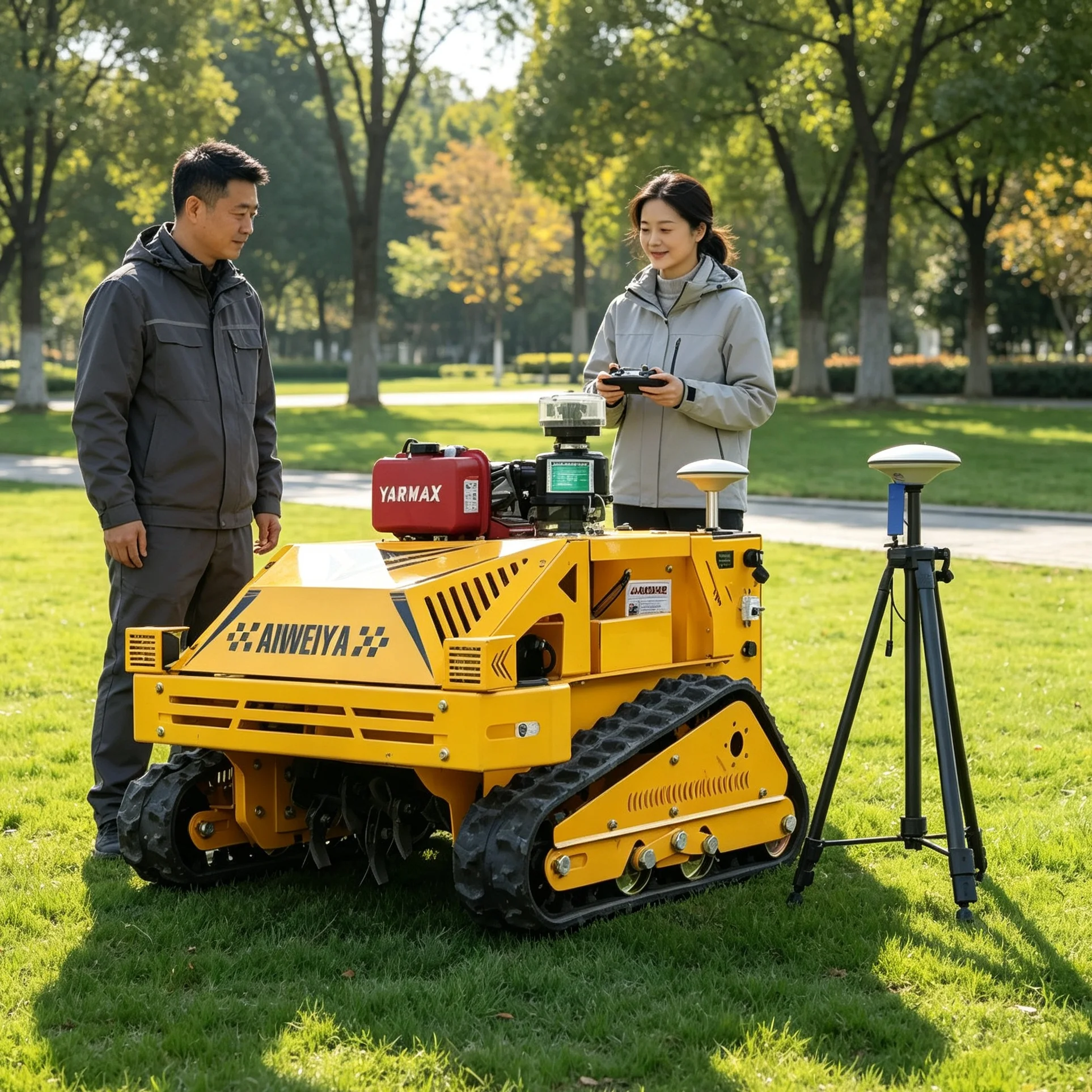 Customized tracked lawn mower supports GPS memory planning route, fitted with display screen, designed for wetland meadow