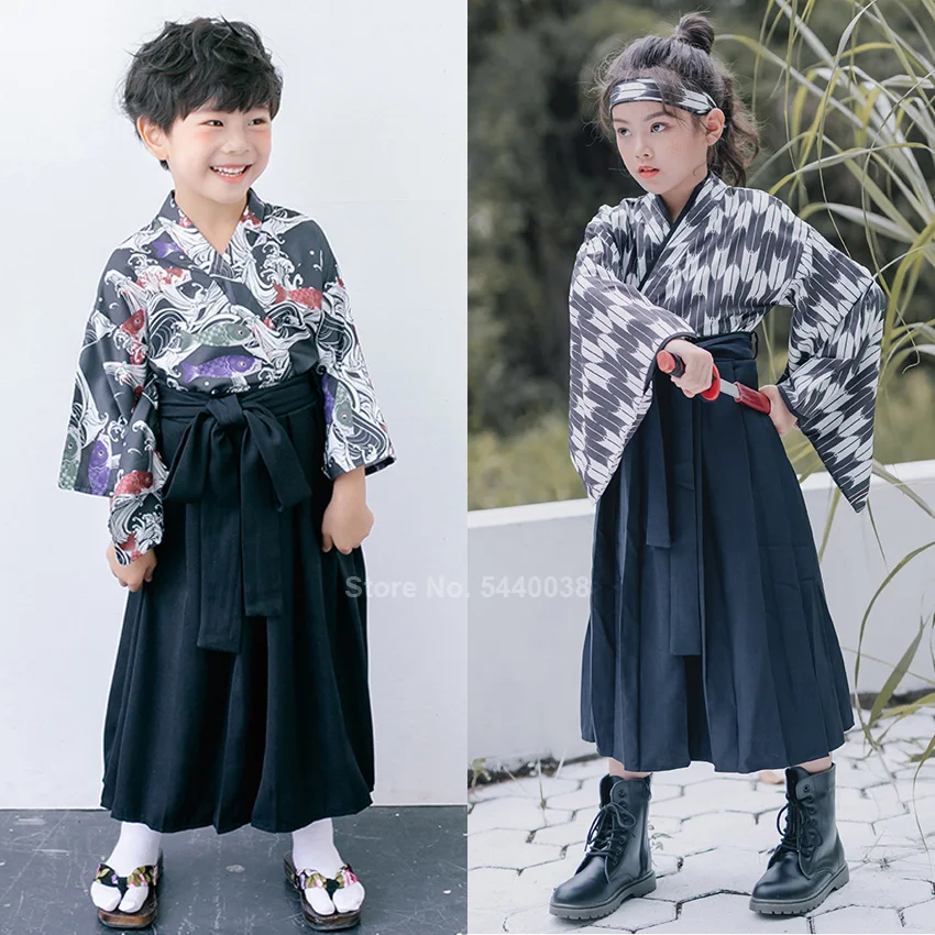 Trajes de estilo japonés tradicional Oriental para niños conjunto de Kimono Vintage Yukata y falda, rendimiento