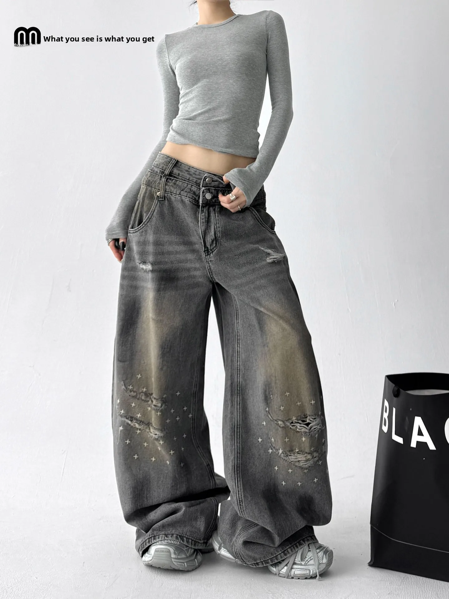 

Джинсы из американского ретро, женские свободные утягивающие повседневные джинсы с высокой талией, хлопковые эластичные рваные широкие брюки, удобные осенние новые поступления...