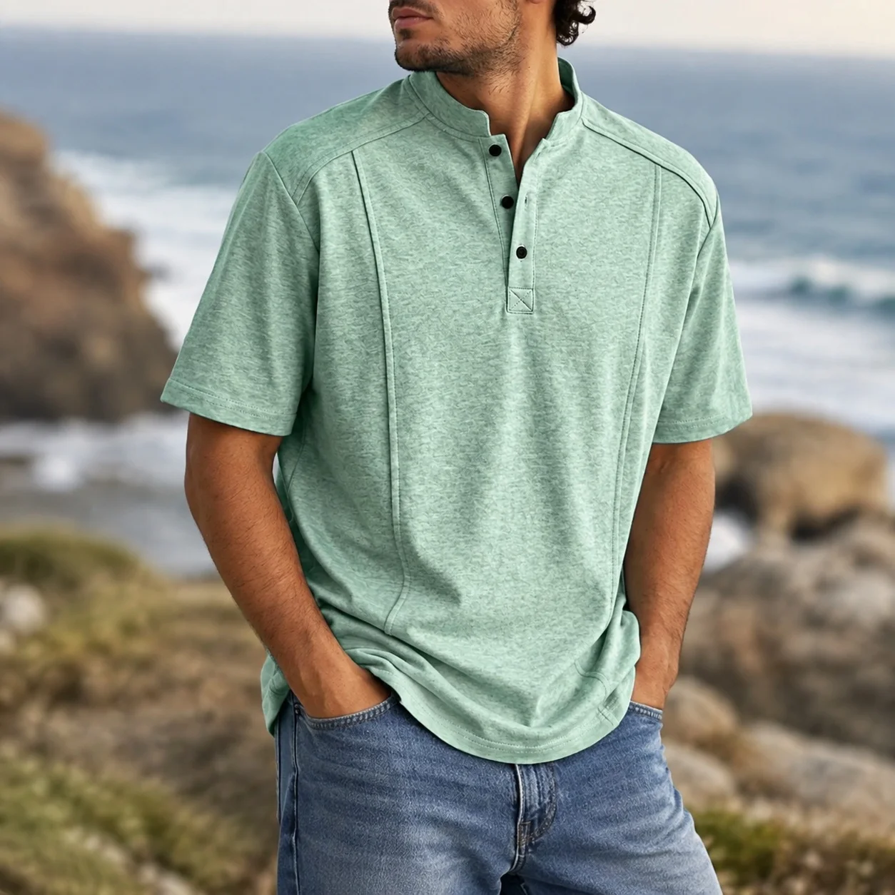 Short Sleeve Stand Collar Top Straight Cut Sporty Casual with Regular Sleeve T Shirt Wrinkle Finish Not Hooded Summer for Men
