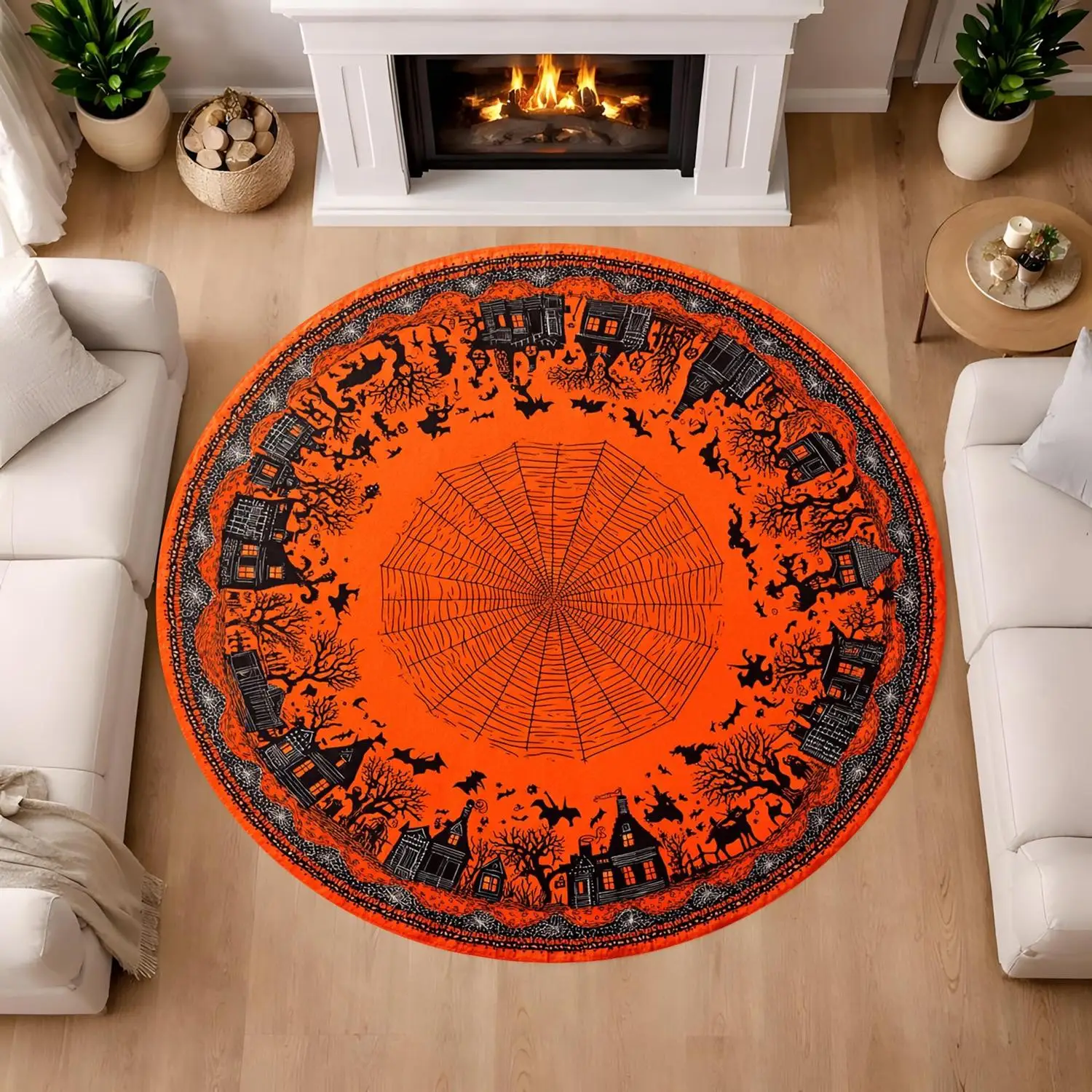 【Room Decoration Carpet】Halloween Round Carpet, Gothic Spider Web Moon Pattern Carpet