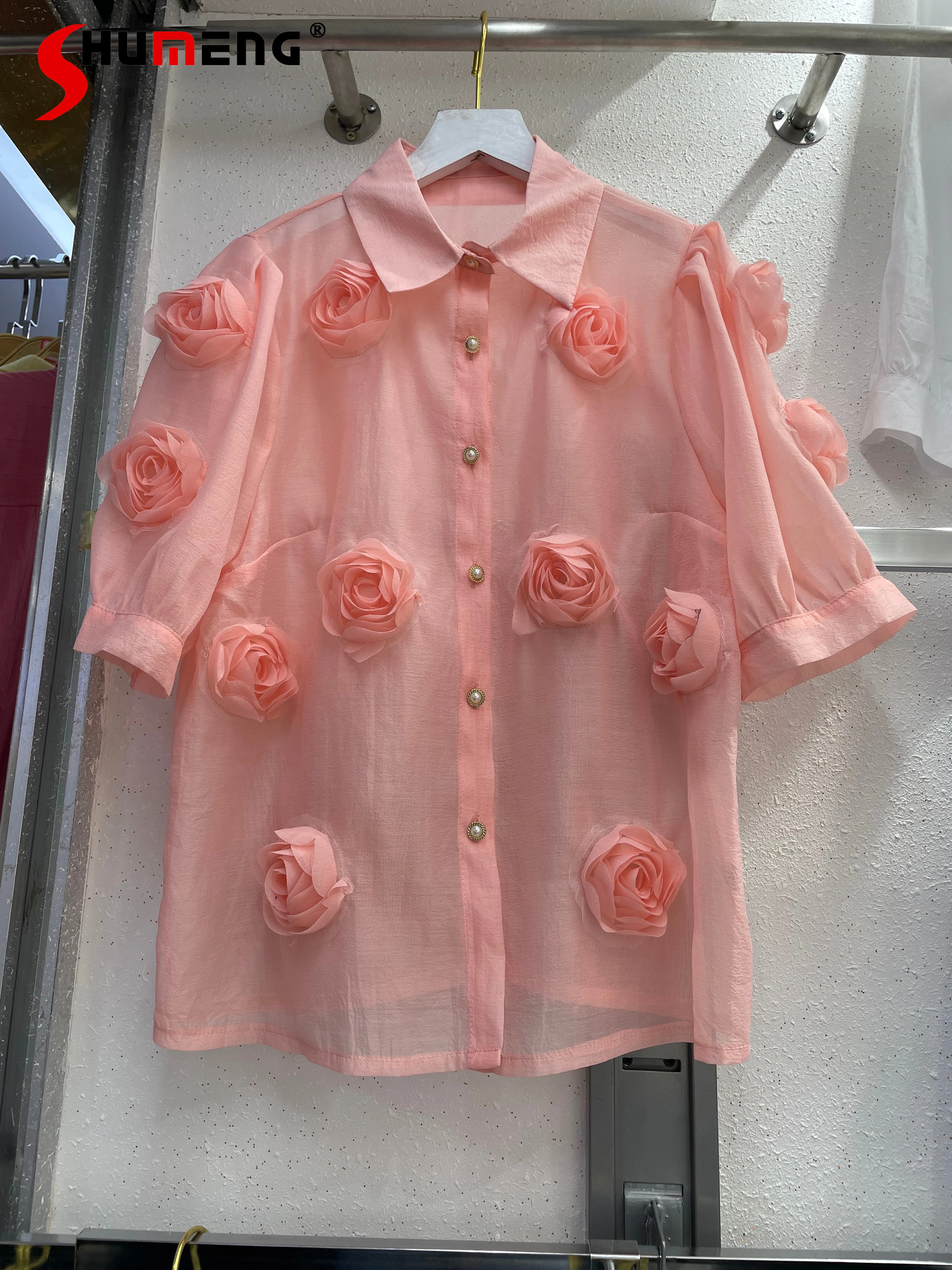 Fashion Three-Dimensional Flower Pink Shirts Women's 2024 Spring Summer Super Fairy Retro Easy Matching Long Sleeve Tops