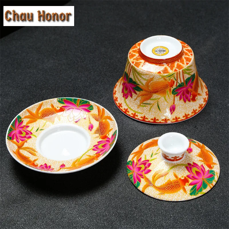 250ml Enamel Color Sancai Gaiwan Master Cups Retro Chinese Tea Set Teacup Lid And Saucer Set Teaware Chrysanthemum Tea Teaware - Image 3
