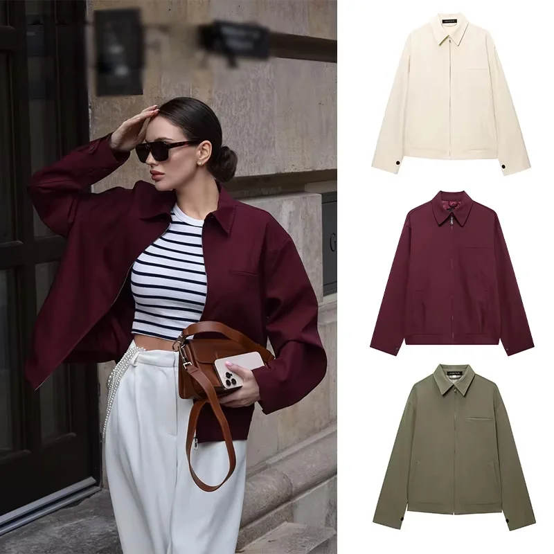 

2025 Women Solid Wine Red Jacket Coat Long Sleeve Zipper Cropped Tops Female Casual Chic Tops Woman Fashion High Street