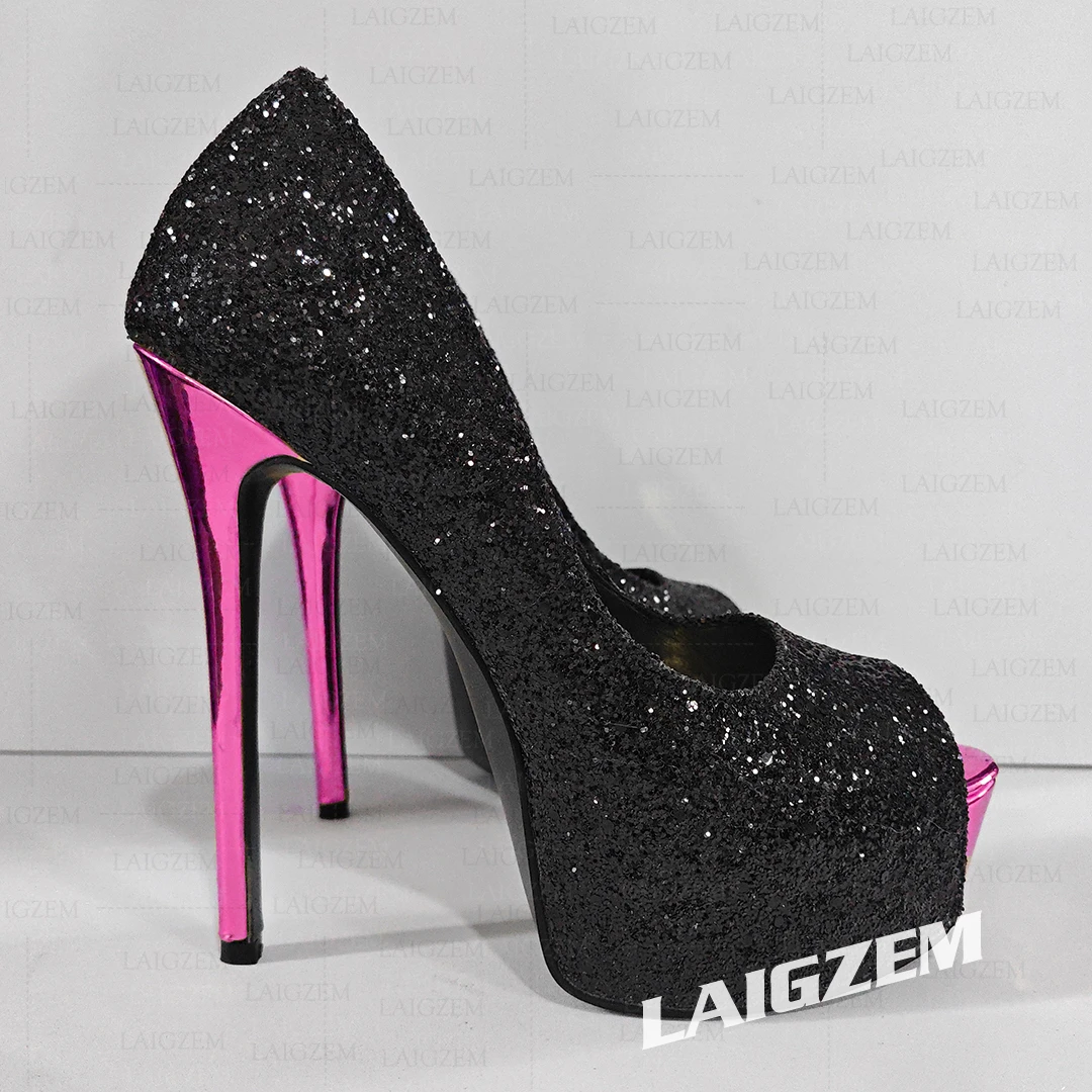 LAIGZEM النساء منصة مضخات بريق بلينغ اللمحة تو رقيقة صندل كعب عالٍ السيدات الانزلاق على أحذية امرأة حجم كبير 39 44 48 50 52