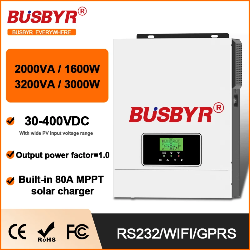 

BUSBYR Hybrid Solar Inverter 3.2KW 3.0KW 2.0KW 24V 12V Photovoltaic Hybrid Inverter 230VAC Max PV 400V Build in 80A MPPT Charger