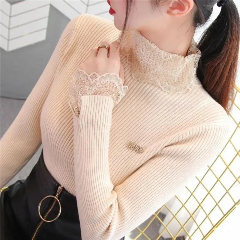 Women Turtleneck Sweaters Autumn Winter Slim Pullover Women Lace Basic Tops Casual Soft Knit Sweater Soft Warm Jumper