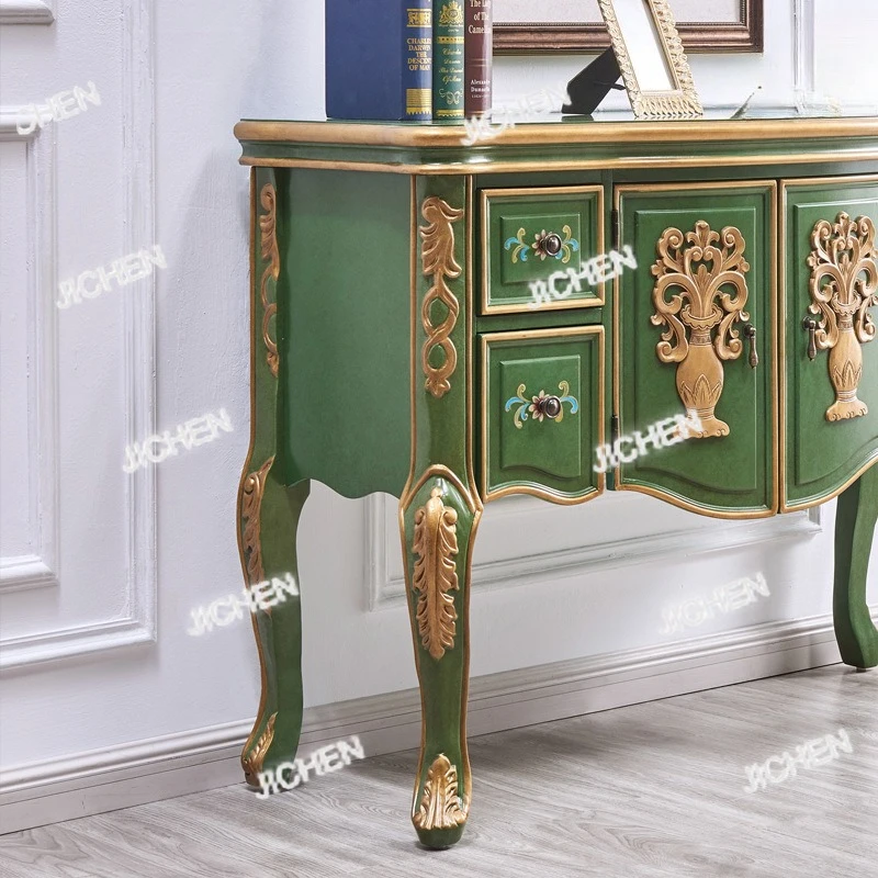 

Golden emerald sideboard, solid wood carved living room, entrance table, retro distressed end viewing platform, wall cabinet