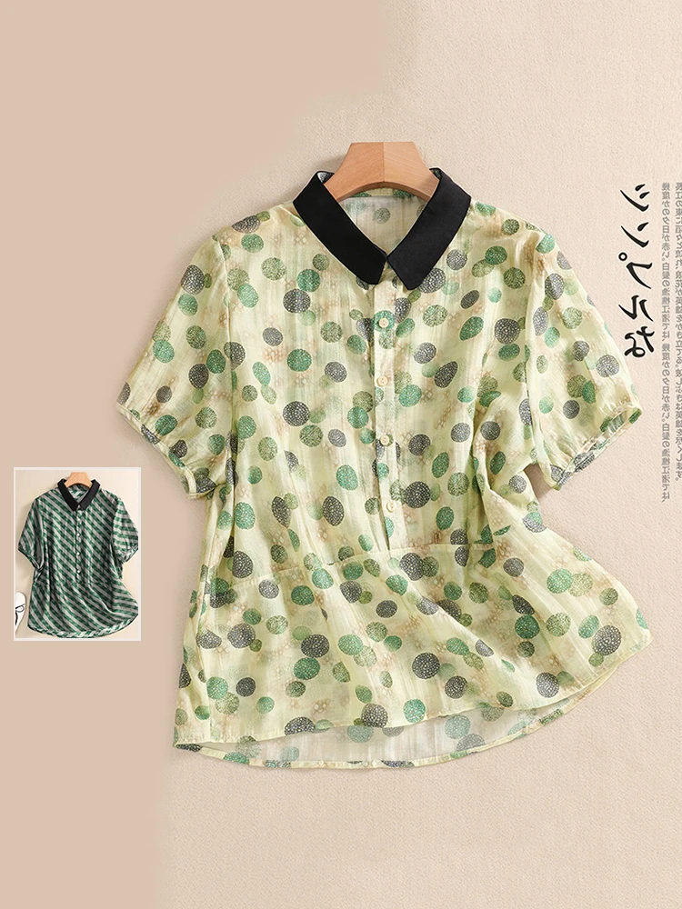 

Художественный хлопок и лен, летний женский воротник большого размера с воротником в горошек, ор Sve, повседневный универсальный топ