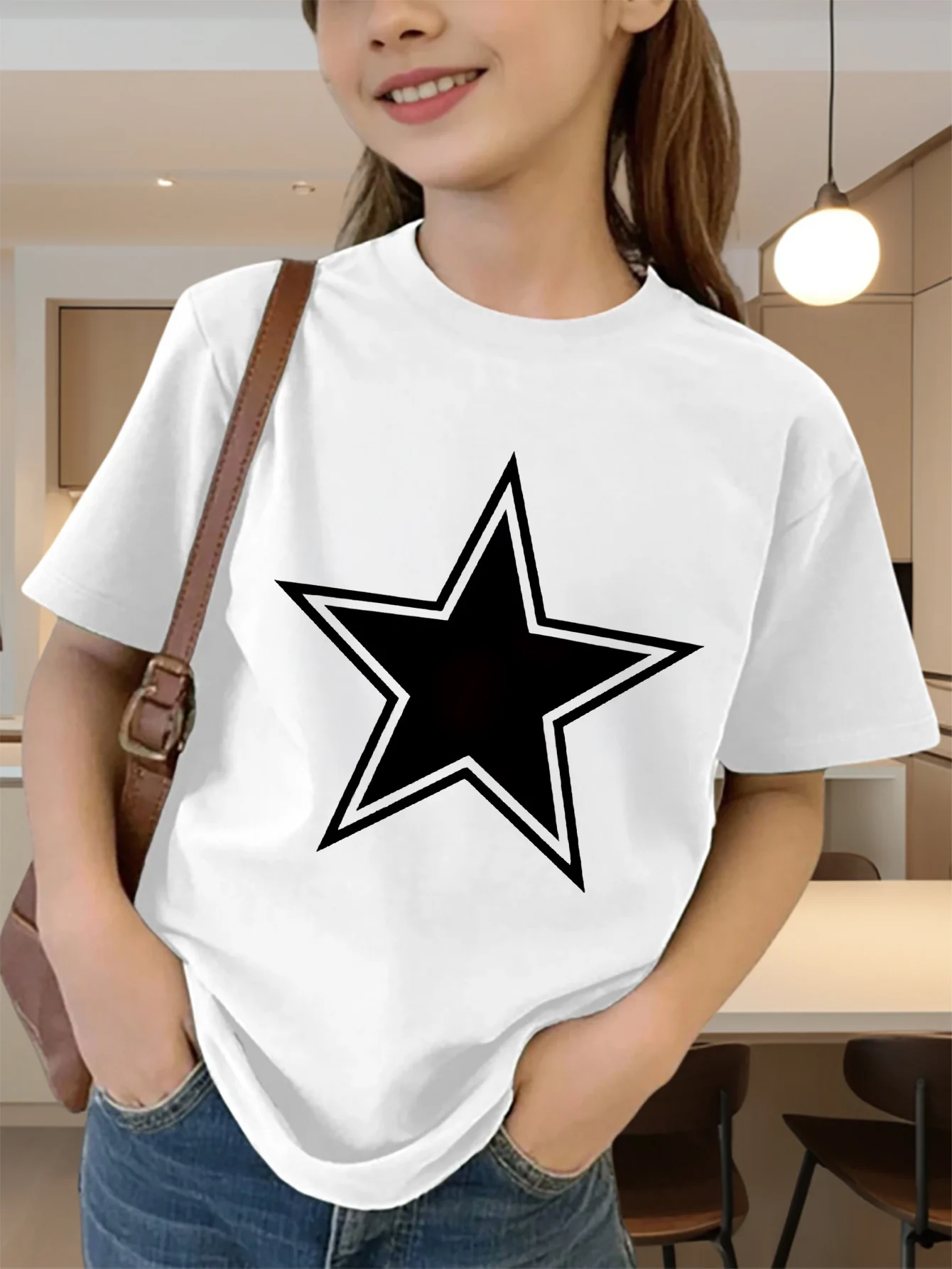 Cute Double Outline White Star Graphic Kids Tee Boys Girls Family Matching Cotton Crew Neck Short Sleeve Soft Summer Tee