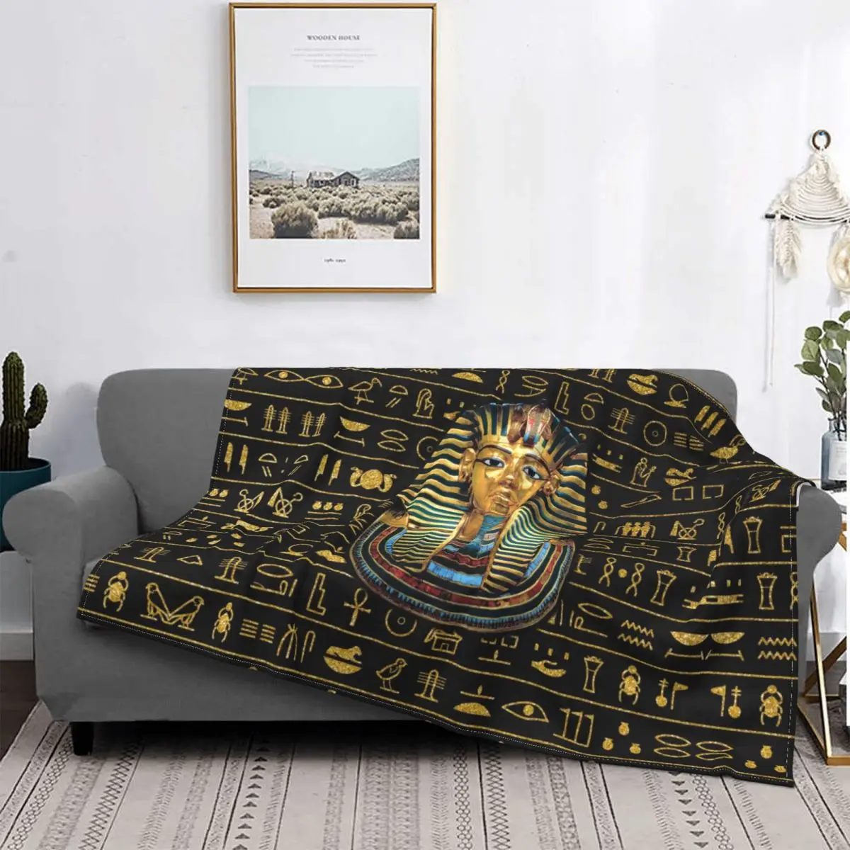 Ancient Gold Pharaoh Egypt King Tut Blanket Soft Fleece Warm Flannel Egyptian Hieroglyphic Throw Blankets for Sofa Car Bed Quilt