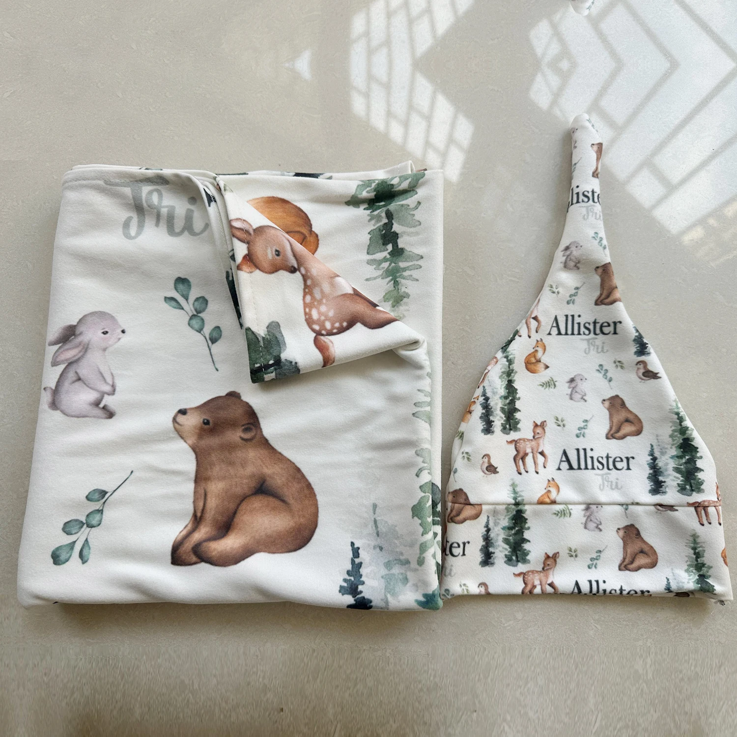 UOOPOO Personalized Name Newborn Baby Woodland Animal Swaddle Blanket Set, Baby Hat, Bow and Baby Swaddle ,Baby Blanket