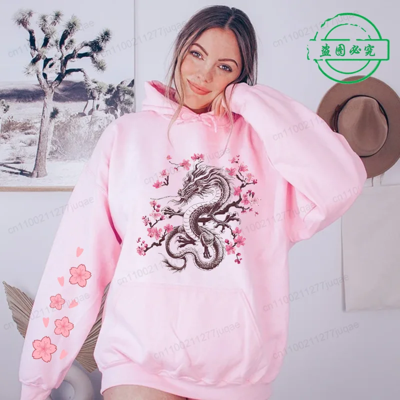

New Fashion Women Hoodies Sakura Cherry Printed Hoodies Casual Sports Hoodies Sakura Cherry Blossom Pink Black Girls Sweatshirts