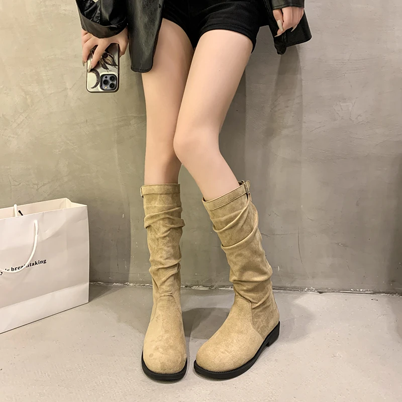 2026 Fashion Autumn Winter Women High Boots Female Slip-on Folds Low Heel Round Toe Flat Long Boots Plus Size Botas De Mujer view 6