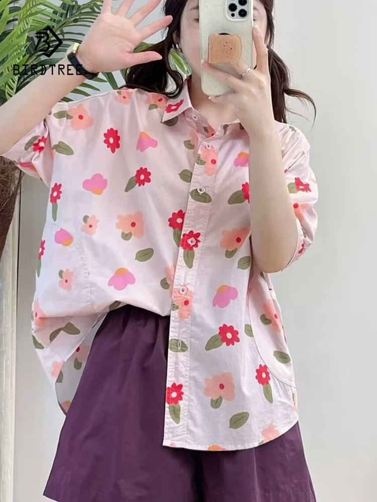 New 2026 Summer Women Cotton Short Sleeve Shirt, Turn-down Collar Cartoon, Mori Girl Age Reduction Korean Loose Blouse T66224CC