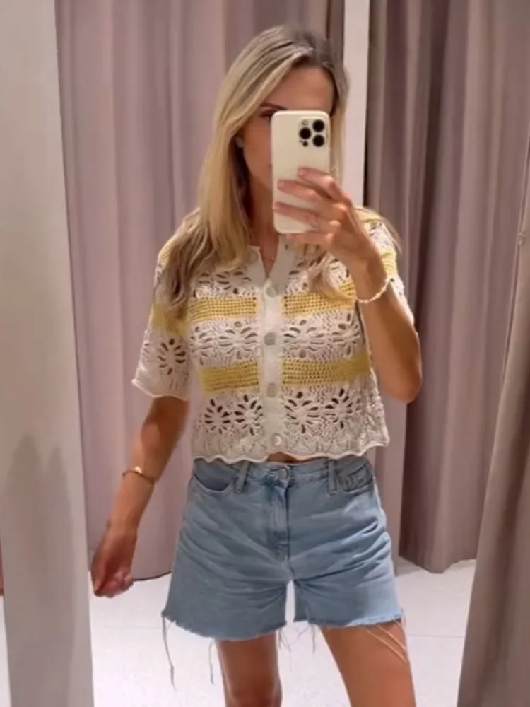 

HH летний женский модный жаккардовый сетчатый вязаный однобортный кардиган в полоску с короткими рукавами, женский повседневный свитер, топы