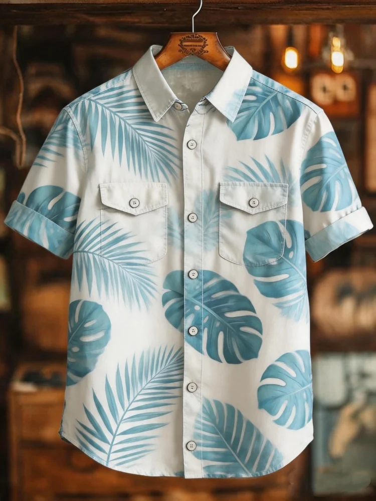 

Mens Fashion Streetwear Shirt Double Pocket Turn Down Collar Tropical Jungle Leaf Print Cool Summer Shirt