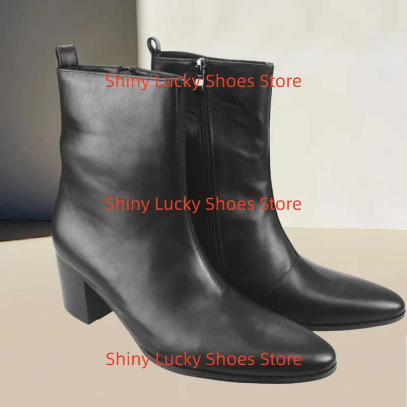 

Sewing Lines Shoes for Mens Round Toes Chunky High Heels Side Zippers Males Short Boots Solid Tacones Pleated Chassure Hommes