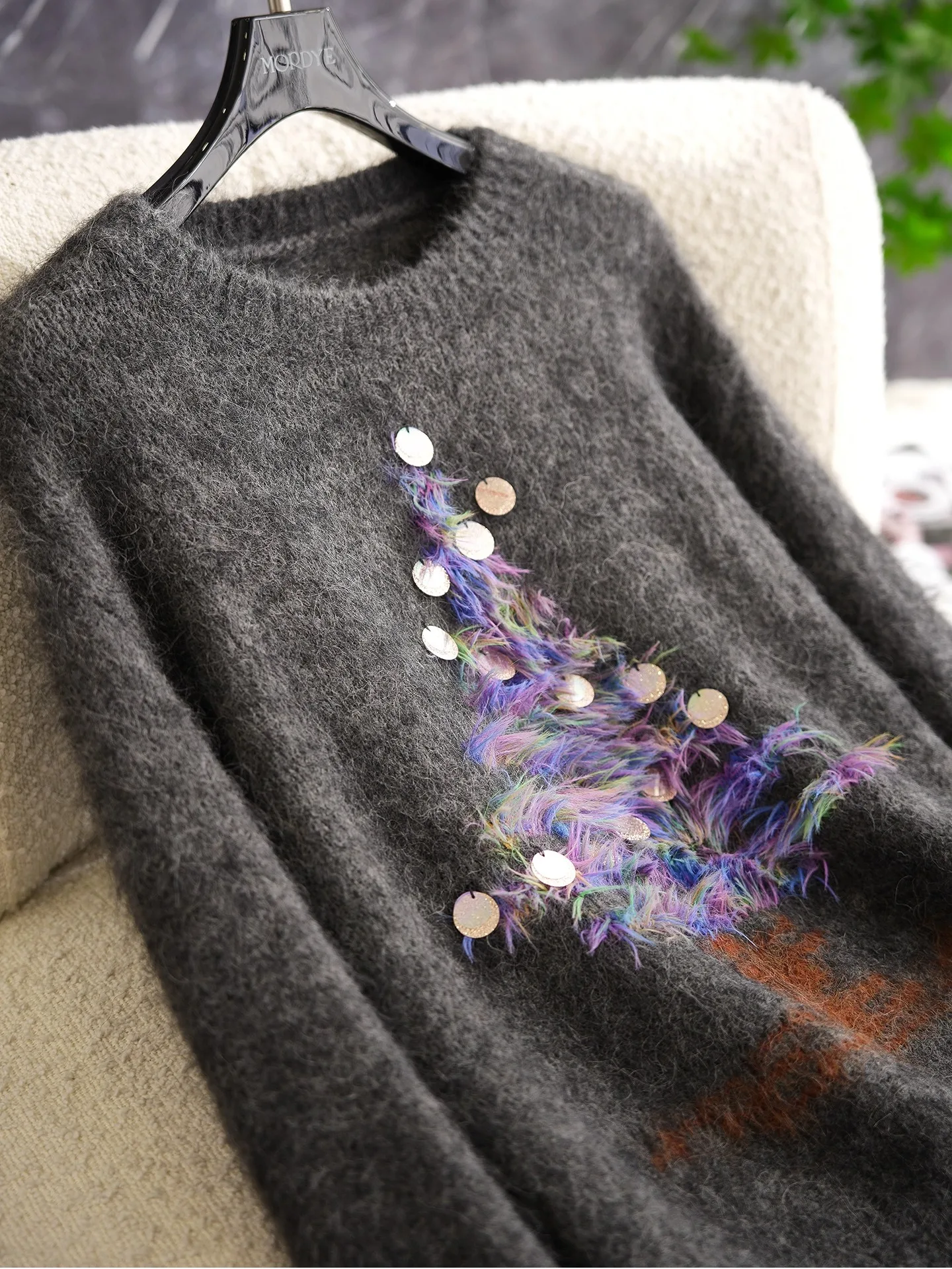 

Gray Knitted Sweater with Fringe Tassel And Bead Embroidery Inner Wear Christmas Tree Design Alpaca Wool Blend Commute Style