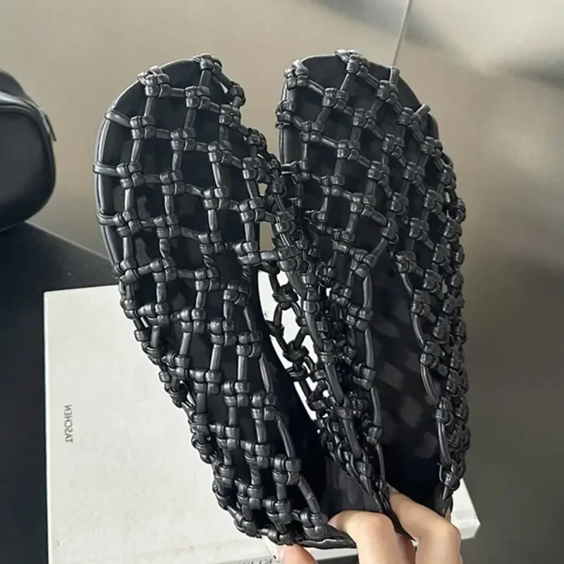 

Aneikeh 2026 Fashion Summer Weaving Hollow Out Flat Heels Women Shoes Elegant Comfortable Casual Dress Mules Sandals