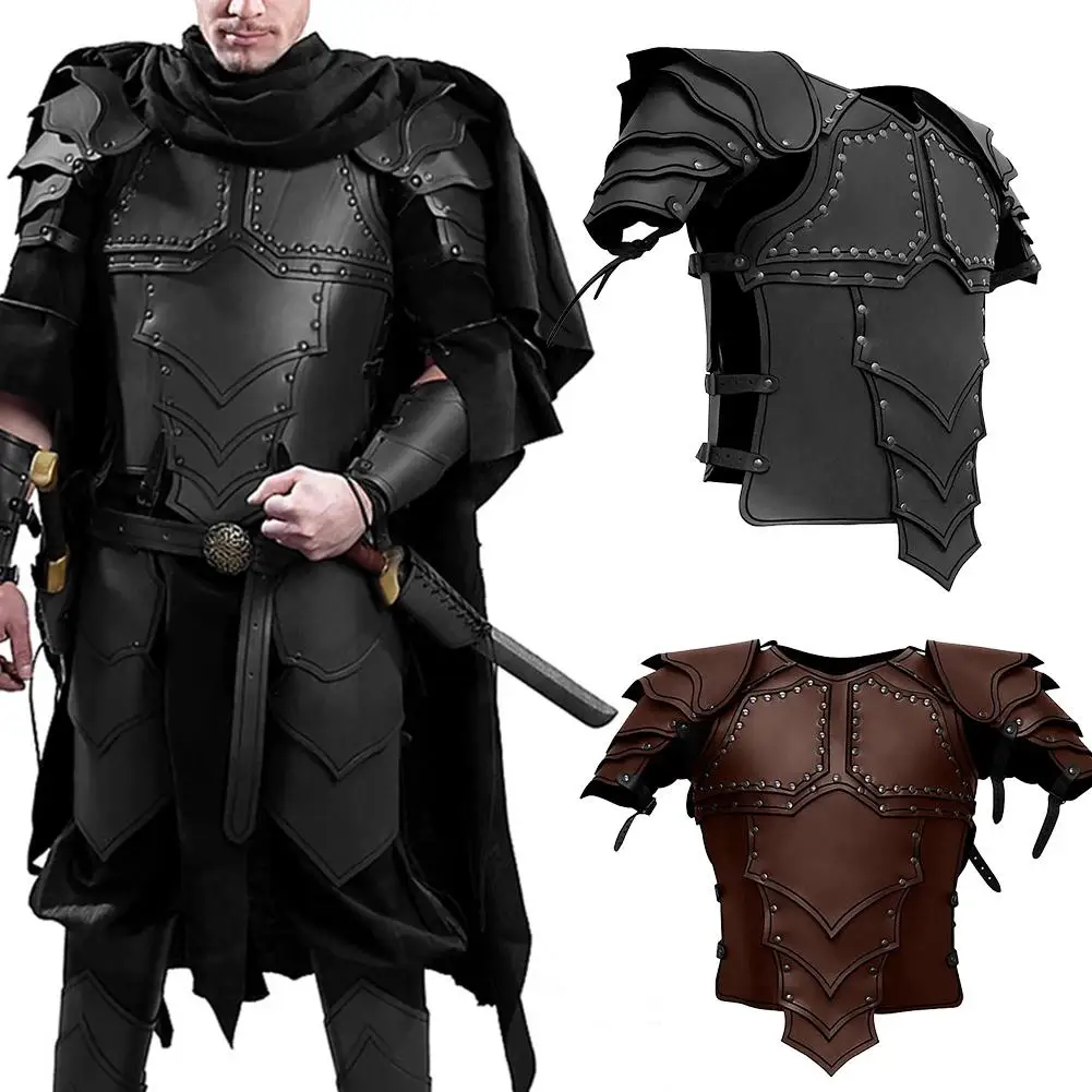 

Men Medieval Viking Cosplay Costume Gothic Shoulder PU Chest Armor Harness Warrior Costume Leather Tops Knight LARP Gladiat E7H1