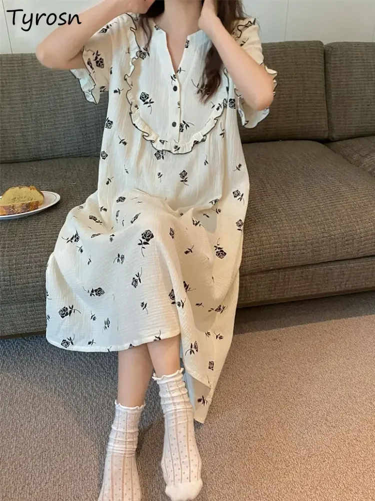 

Nightgowns Women Sweet Students Fashion Leisure Loose Ruffles Simple Daily Print Lounge Swear Summer Princess Thin Elegant Midi