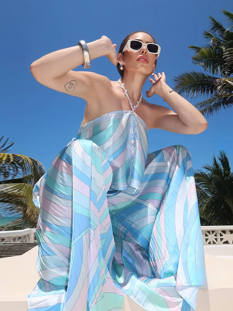 Bedruckte Neckholder-Crop-Tops und Weite Hosen Sets für Damen, Sexy Ärmellose Rückenfreie Oberteile, Plissierte Hosen, Schicke Strandmode, Neu – Detail 8
