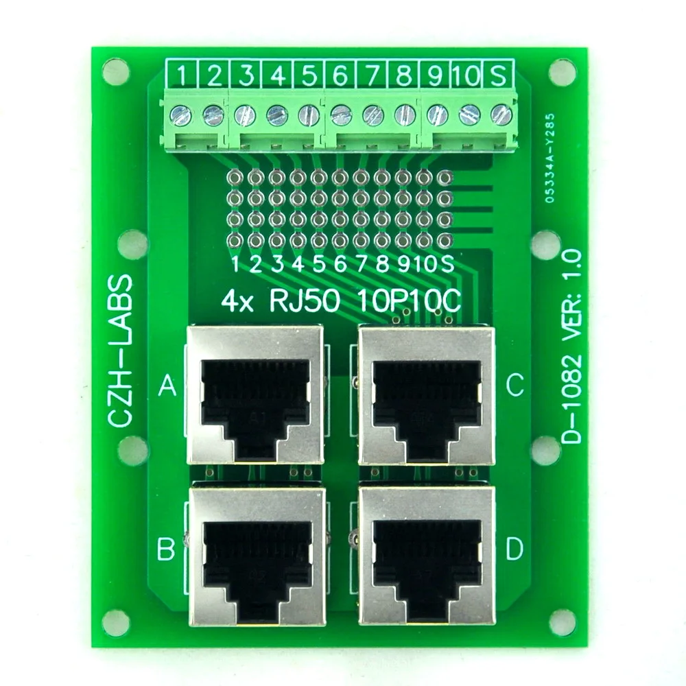 

CZH-LABS RJ50 10P10C Jack 4-Way Buss Breakout Board, Terminal Block, Connector.