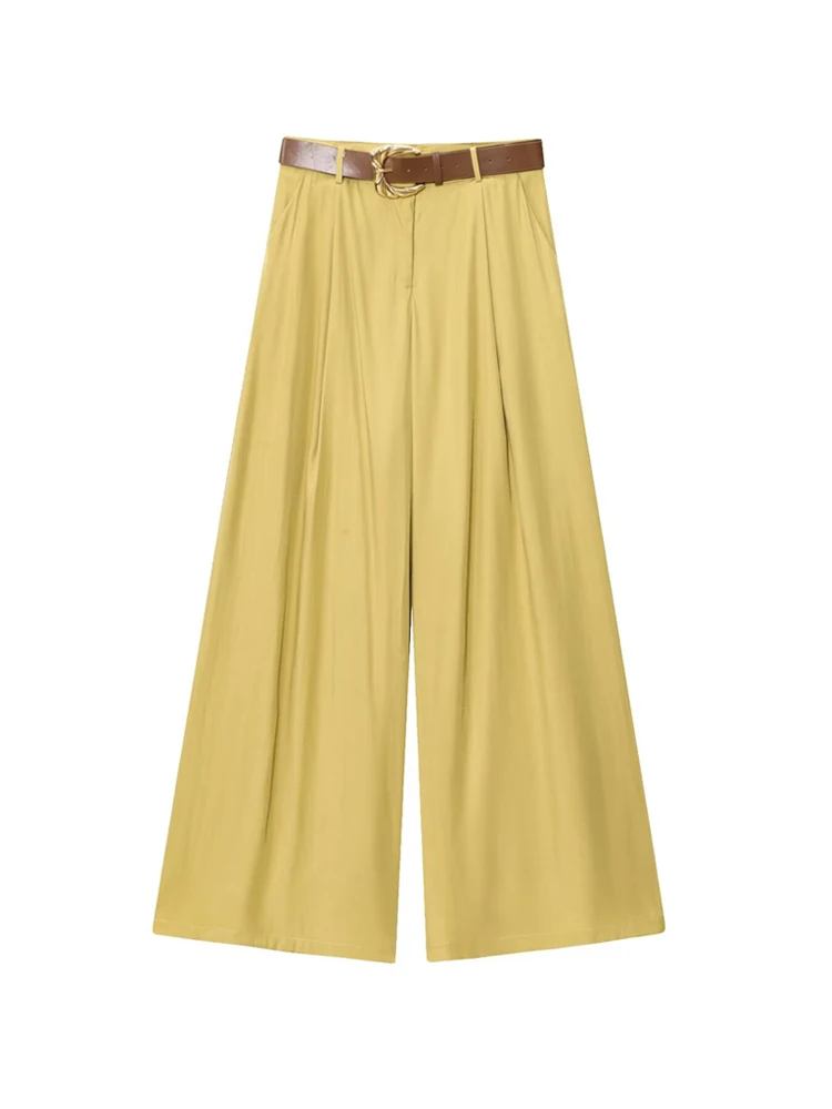 سراويل عالية الخصر واسعة الساق للنساء سراويل نسائية عصرية بحزام أمامي وجيوب جانبية