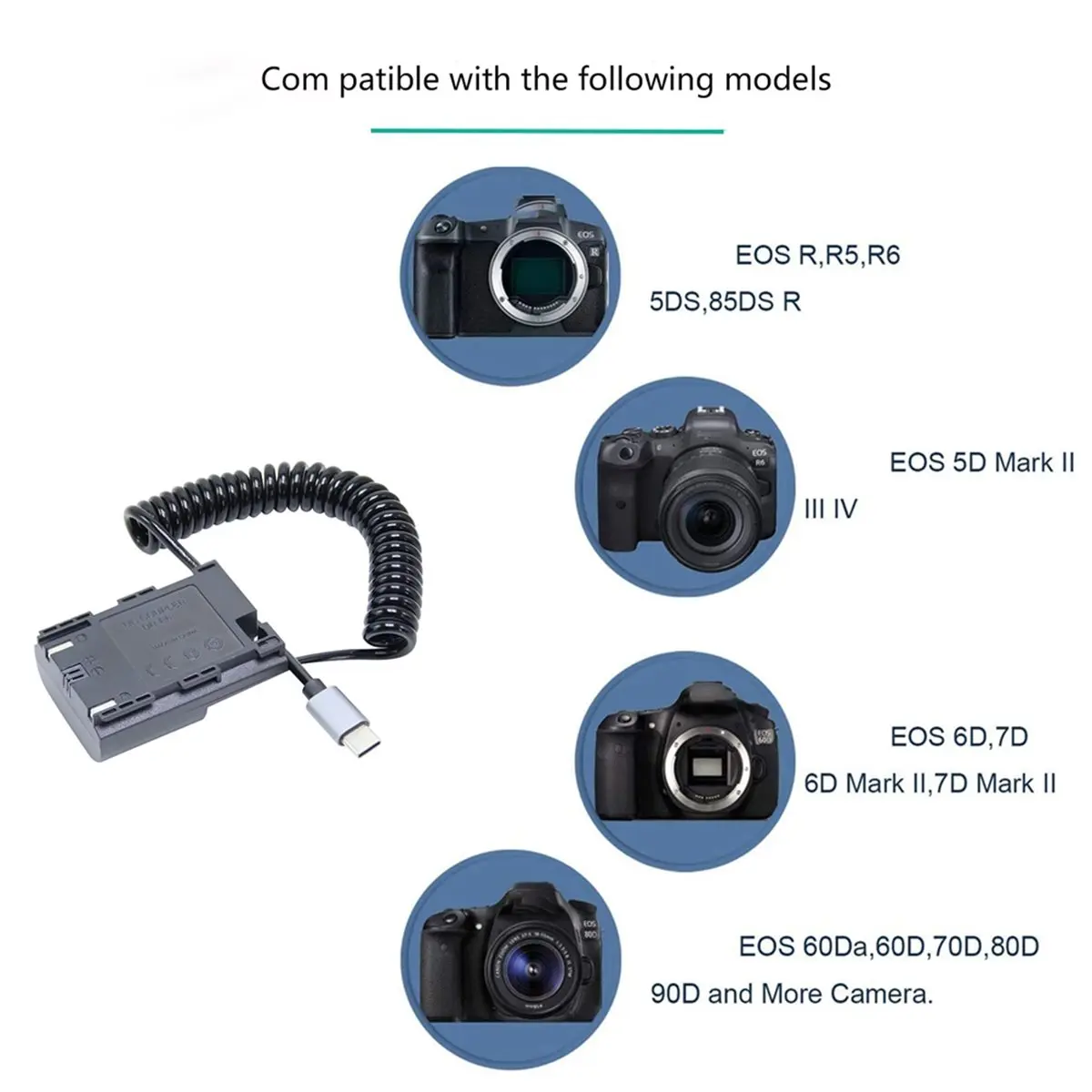 

(ABGQ) Адаптер USB-C ACK-E6 DR-E6, комплект блока питания с батареей-имитацией LP-E6 LP-E6N для камер Canon EOS R, R5, R6, R7, 80D, 70D, 60D, 90D