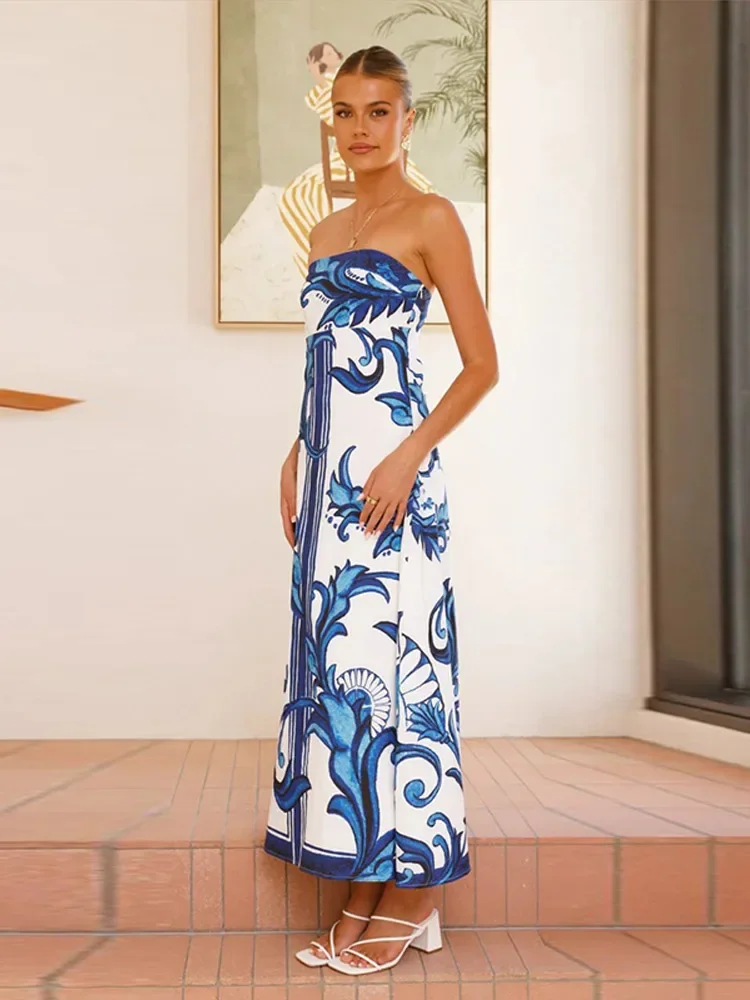 

Holiday Printed Sleeveless Dress Women Off Shoulder Slim A-line Backless High Waist Long Dresses 2025 Summer Vacation Lady Robe
