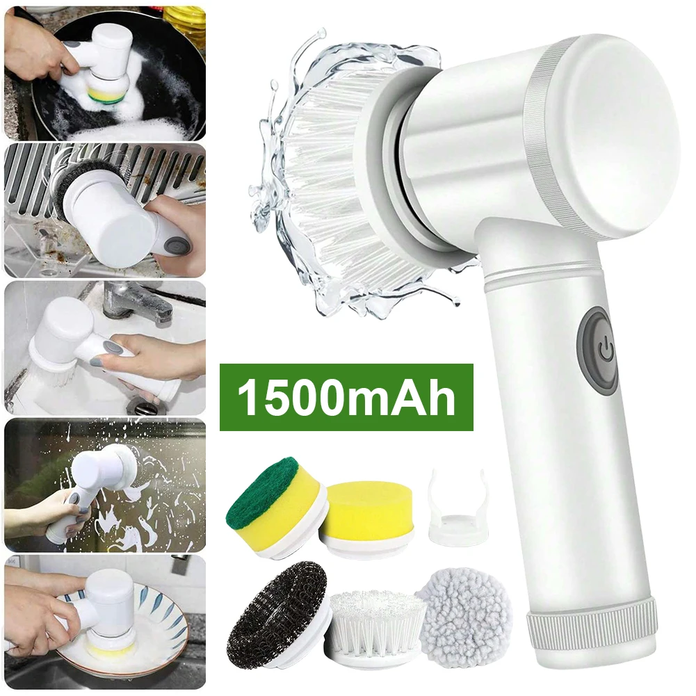 

Cordless Portable Scrub Brush Electric Spin Scrubber Rechargeable with 5 Replaceable Brush Head Cordless Handheld Cleaning Brush