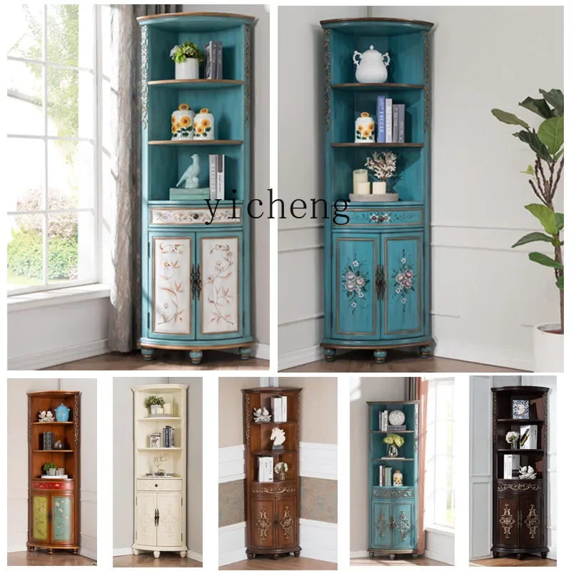 Chinese and American Style Hand-Painted Flowers Tripod Living Room Bedroom Corner Fan-Shaped Floor Wine Cupboard
