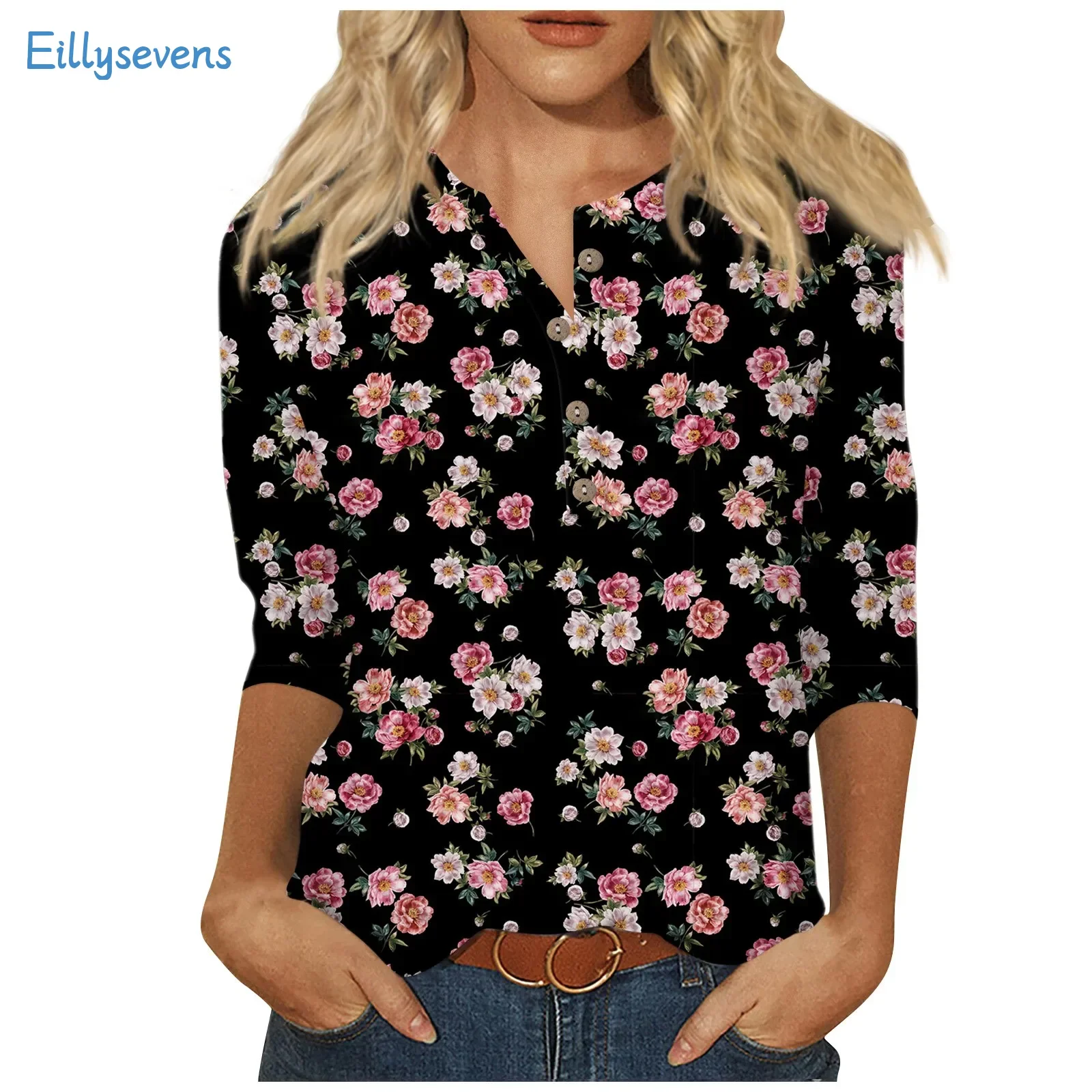 

Plus Size Shirts For Women Elegant Beautiful Flowers Print Graphic Blouse Tops Daily Casual Basic 3/4 Sleeve Button Neck Tops