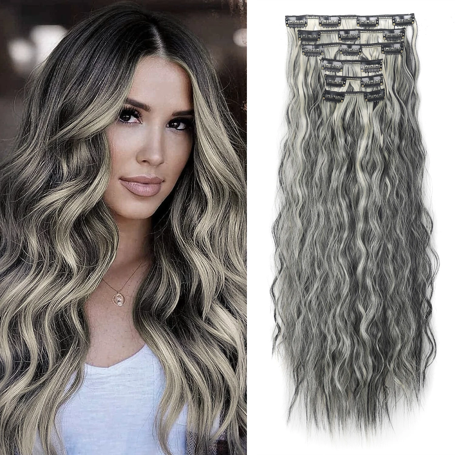 

24Inch Synthetic Hair Clip In Long Wavy Thick Hairpieces For Women Full Head 6Pcs/Set Synthetic Hair Extensions Ombre Hairpieces