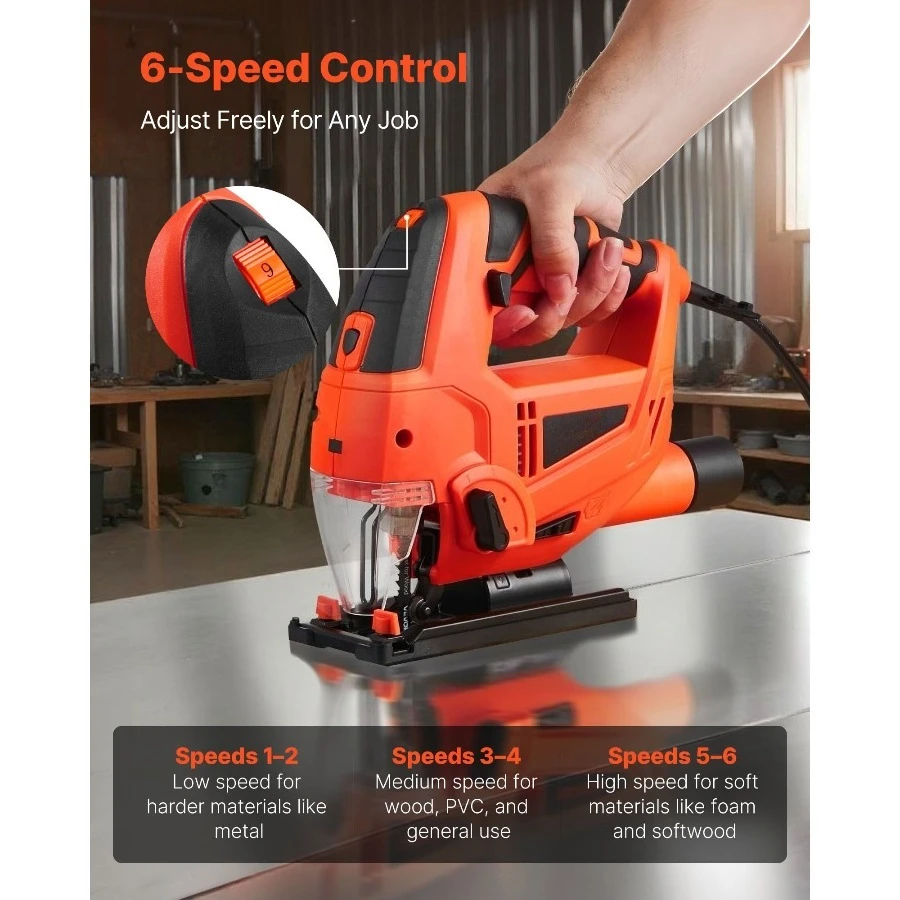 

Лобзик, 6,5 А, скорость лезвия 3000 SPM, электрический лобзик с 6 лезвиями, светодиодная подсветка, 6 переменных скоростей, 0–45 ° Конические резки, 4.