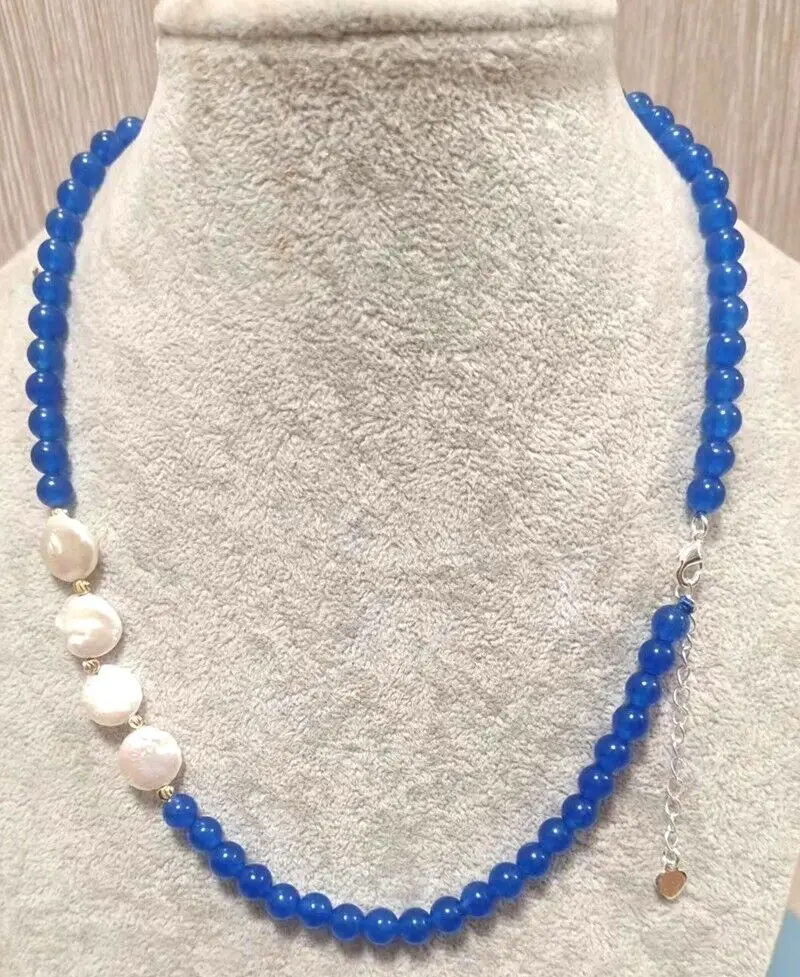 Charming 6mm Blue Jade Round Beads +10-11mm White Coin Pearl Necklace 18