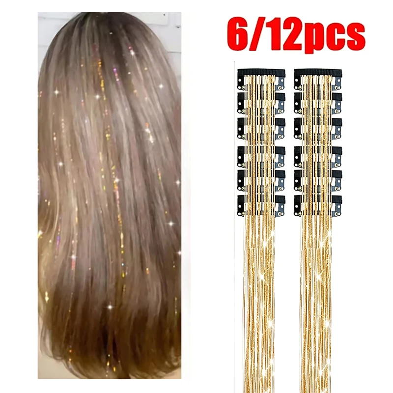 6/12pcs Hair Tinsel Clip Kit Hair Extension Glitter Tinsel Hair Clip Heat Resistant Shiny Sparkle Fairy Hair Accessories