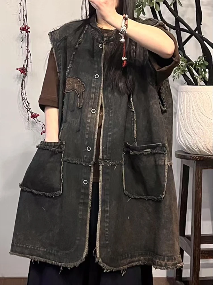 AmaxluluE Zomer Vintage Mouwloze Jassen Damesmode Lange Denim Vest Vrouwtjes Losse Patchwork Vesten Vrije tijd Streetwear