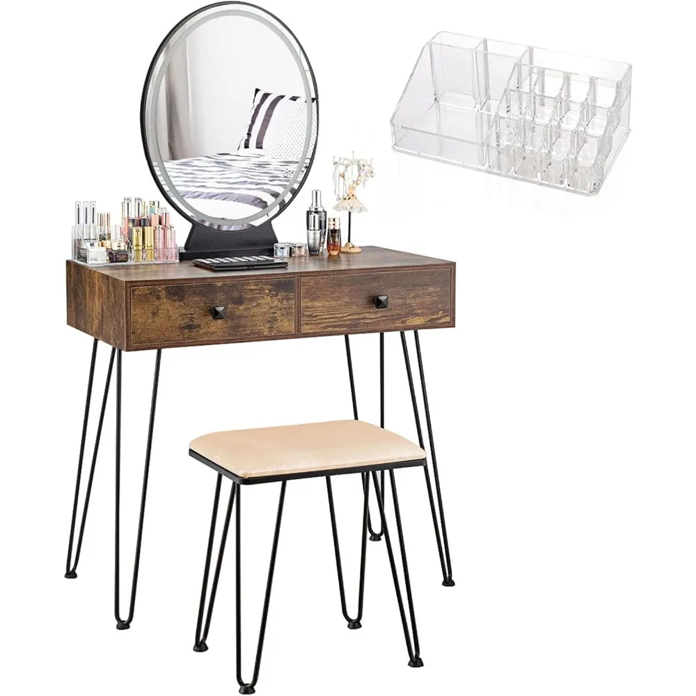 Makeup table with illuminated mirrors, 3 sets of lighting equipment, adjustable brightness, 2 large drawers with chairs