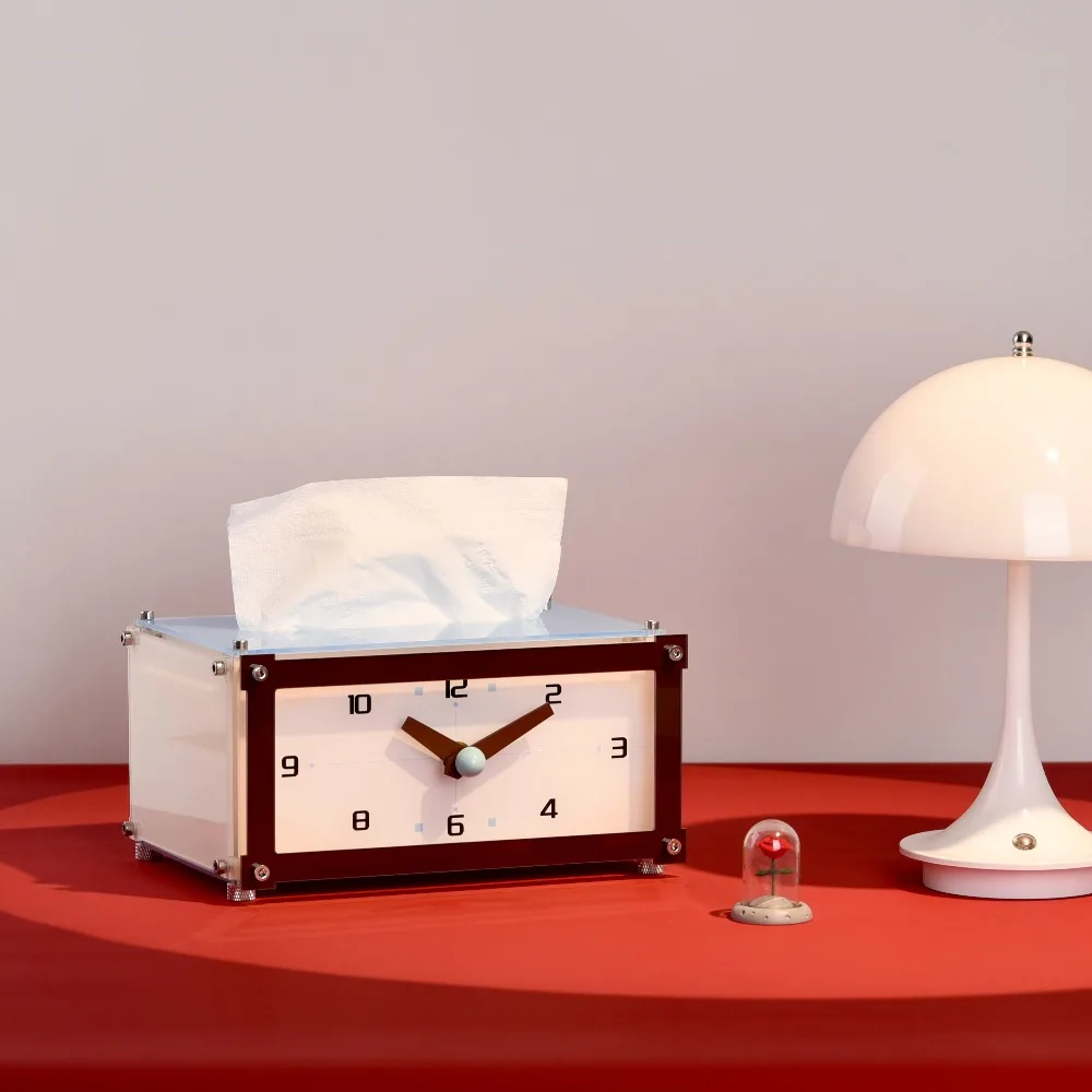 Creative Clock Pattern Tissue Box Acrylic Desktop Tissue Holder Retro Clock Tissue Box Home Desktop Decoration Modern