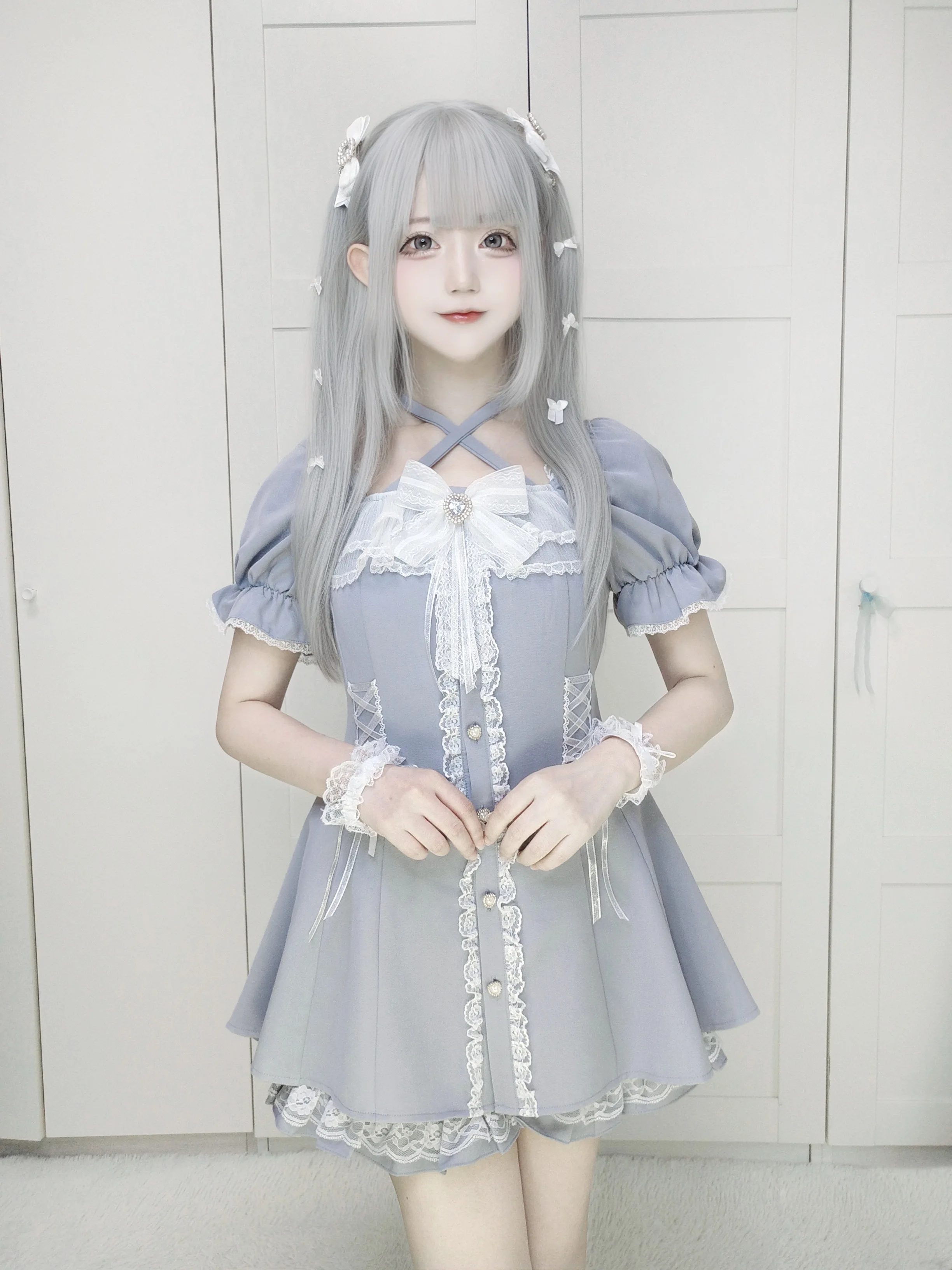 和風ミネロリータ半袖ワンピース＆ショートパンツ2点セット 2025年新作 女の子 女性向け 可愛いキュートな蝶結びホルターネックワンピースセット