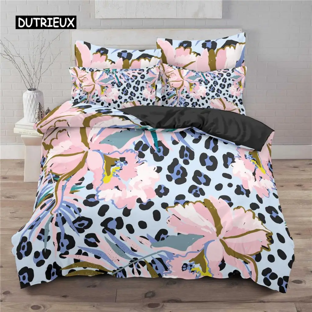 

Leopard Print Duvet Cover Set Tropical Plant Flower Print Bedding Set Microfiber 2/3pcs Twin Double Queen King Size Quilt Cover