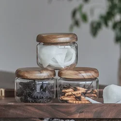 Eco Friendly Cute 300ml 400ml Acacia Wood Lid Clear Glass Storage Jars Dry Food Snack Candy Sugar Spice Bean Jar 1 Piece