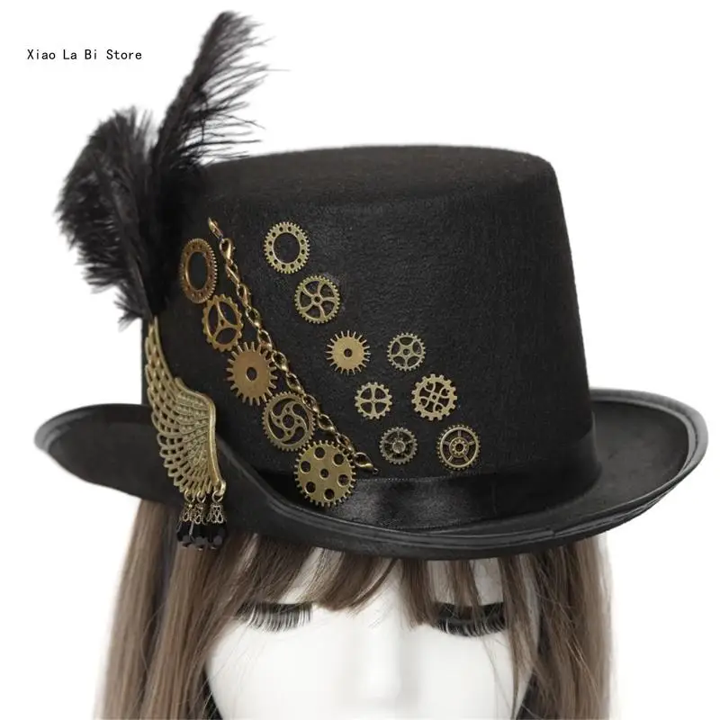 

Steampunk Top Hat Feather Wing with Brim and Goggles Vintage Headwear XXFD