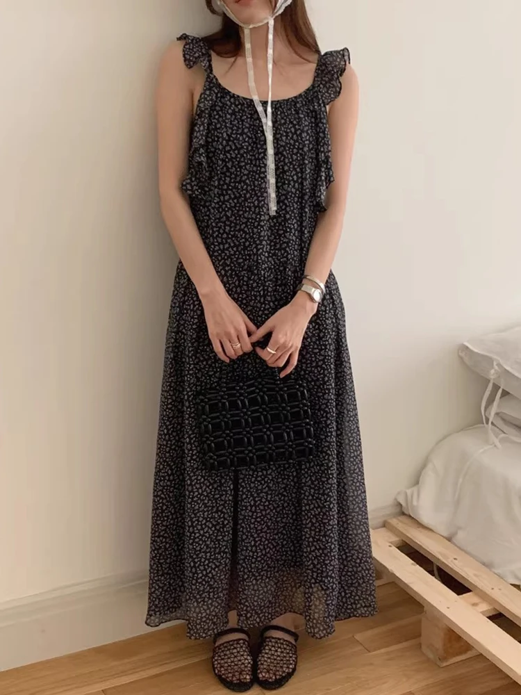 Retro Chic Sommer Floral Print Off Oulder Rüschen Saum Weste Dr frauen Lose Taille Koreanische Sle Langen Rock ohne Sve