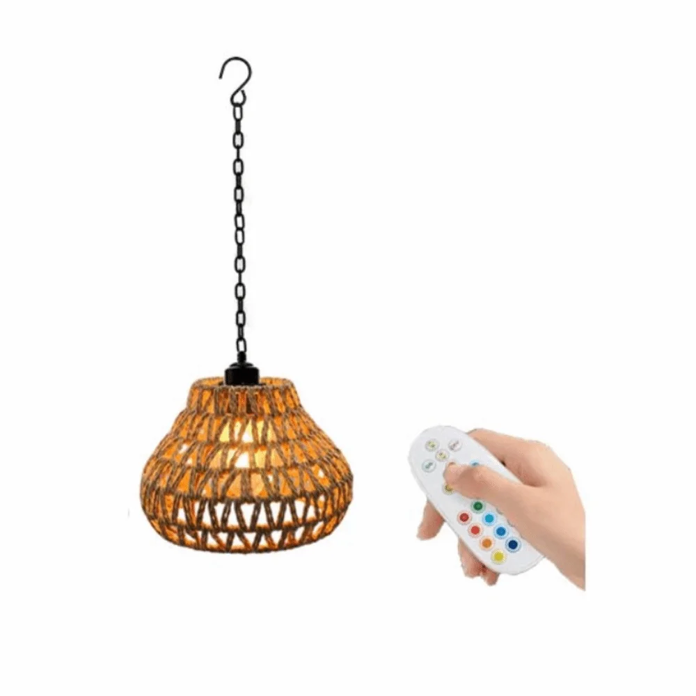 Long Iron Chain Rattan Hanging Lights Rope Woven Shade Brightness Adjustment Rechargeable Pendant Light No Wiring Hand Craft
