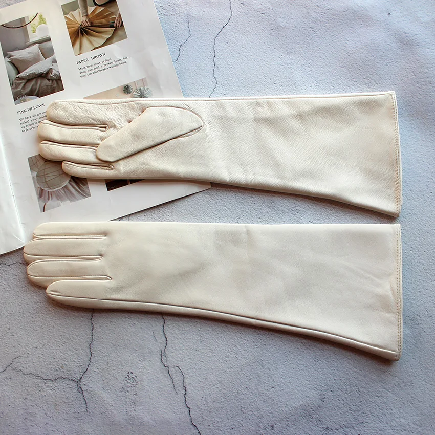 38 CM Long Sheepskin Gloves Women\'s Fashion Color Leather Finger Gloves With Velvet Lining to Keep Warm in Autumn and Winter