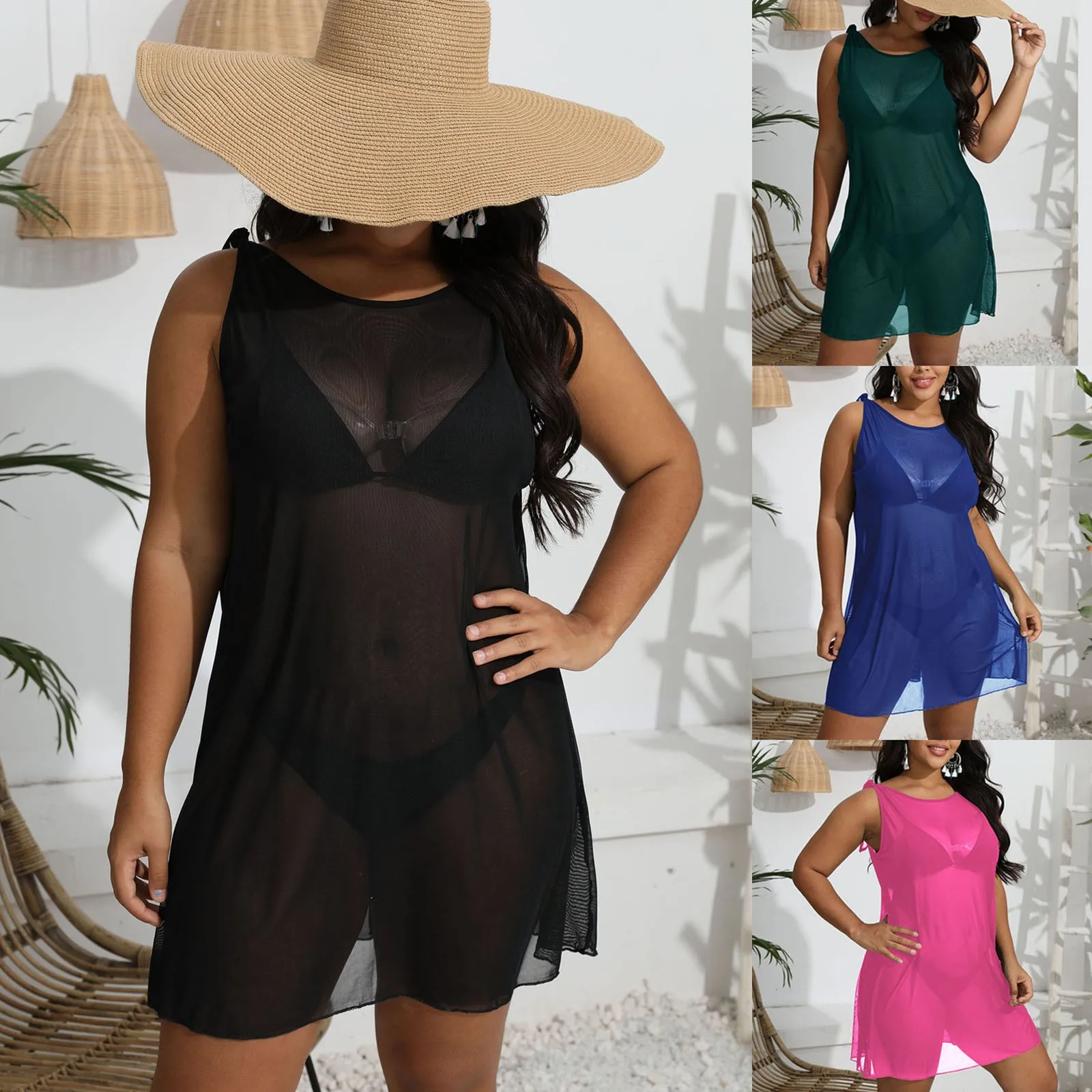 2024 New Tunic Sexy See Through Mesh Dress Women Sexy Beachwear Solid Bikini Swimwear Beach Cover Up Beach Dress