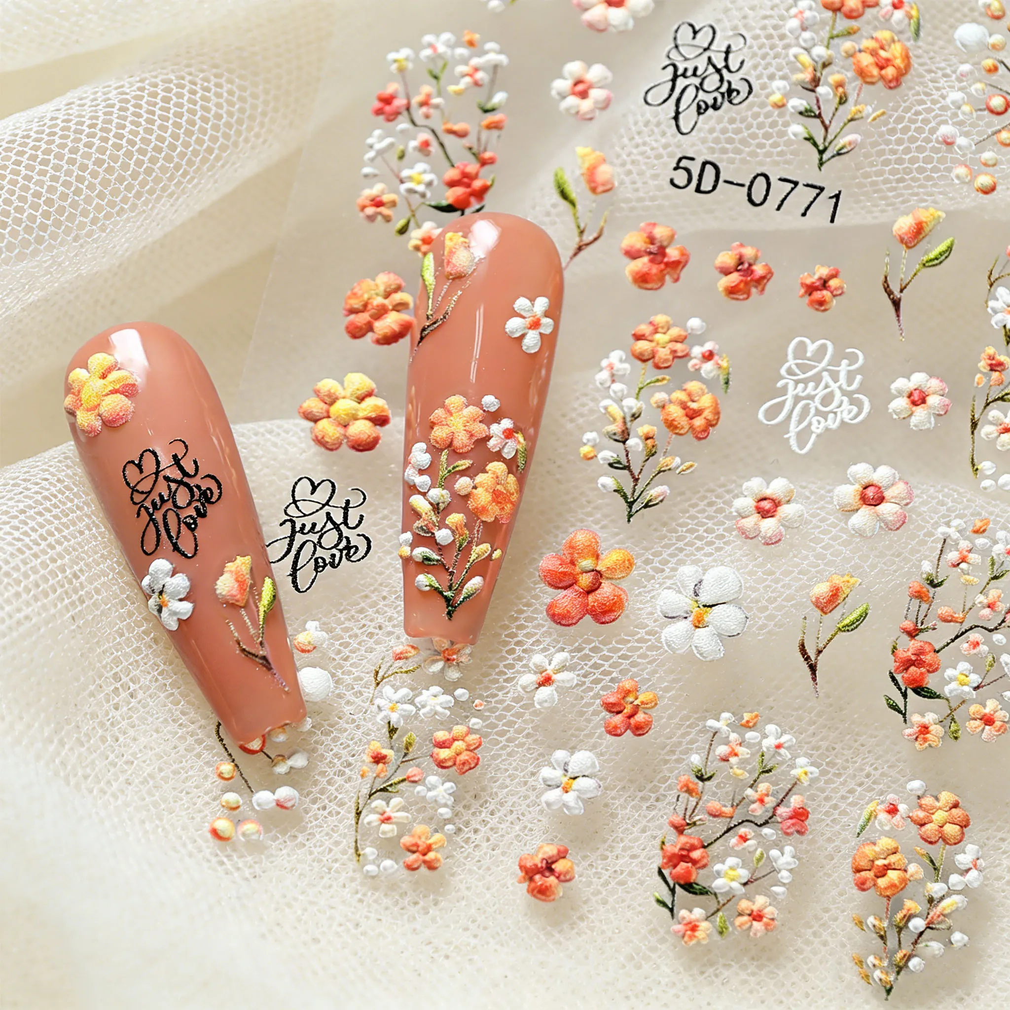 

5D Embossed Colorful Wildflower Nail Stickers White Orange Flower Manicure Slider Floral Heart Love Design Self Adhesive Decals